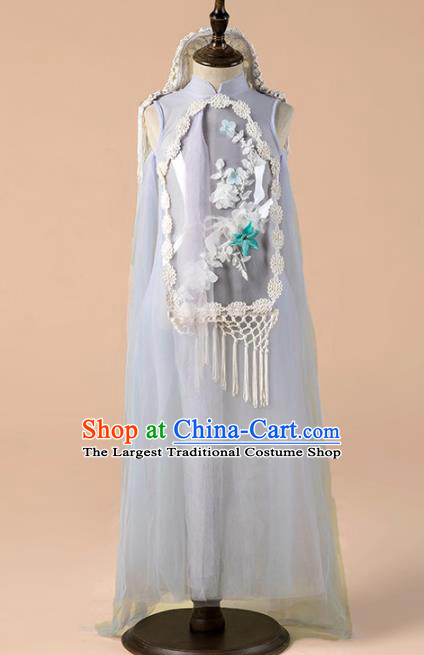 Children Catwalks Costume Girls Compere Modern Dance Lilac Veil Qipao Dress for Kids