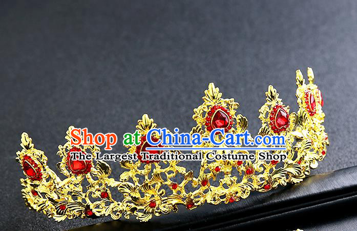 Top Grade Handmade Red Crystal Golden Royal Crown Hair Accessories Baroque Princess Hair Clasp for Women