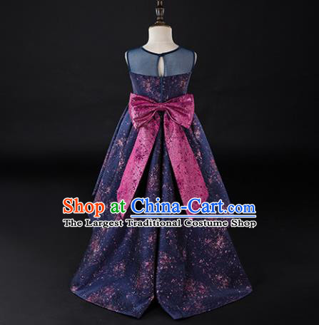 Children Princess Catwalks Costume Girls Compere Modern Dance Purple Full Dress for Kids