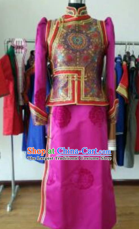 Traditional Chinese Mongol Nationality Costumes Female Folk Dance Ethnic Rosy Dress for Women