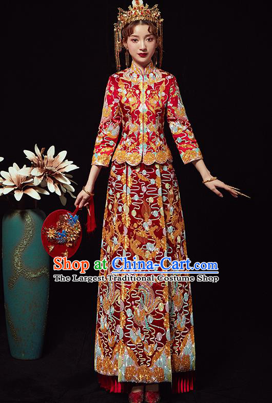 Chinese Traditional Wedding Costumes Embroidered Xiuhe Suits Ancient Bride Red Full Dress for Women