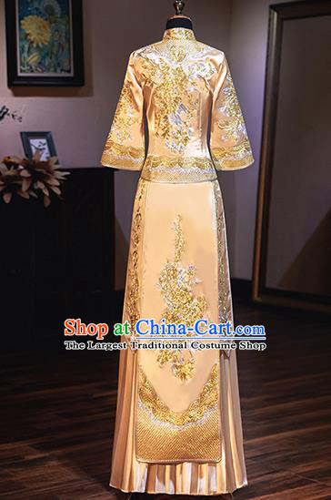 Chinese Traditional Wedding Costumes Bride Embroidered Peony Golden Xiuhe Suits Ancient Full Dress for Women