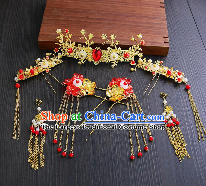 Chinese Ancient Traditional Hanfu Wedding Tassel Hair Clips Hairpins Handmade Classical Hair Accessories Complete Set for Women