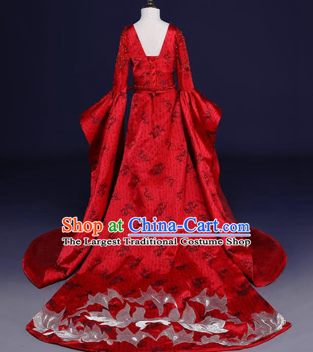 Chinese Children Catwalks Costume Girls Compere Modern Dance Red Trailing Full Dress for Kids