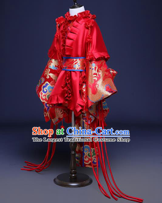 Chinese Children Catwalks Costume Girls Compere Modern Dance Red Full Dress for Kids