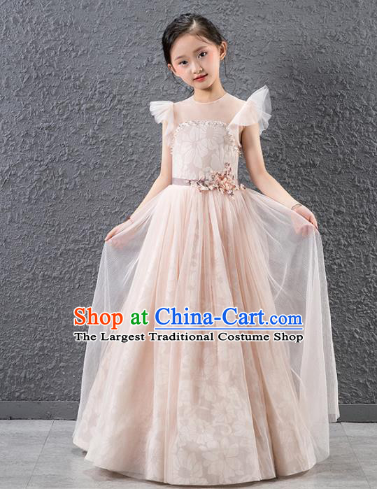 Children Catwalks Stage Performance Costume Compere Princess Pink Full Dress for Girls Kids