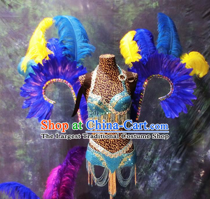 Halloween Stage Show Blue Feather Costumes Brazilian Carnival Parade Swimsuit and Wings for Women