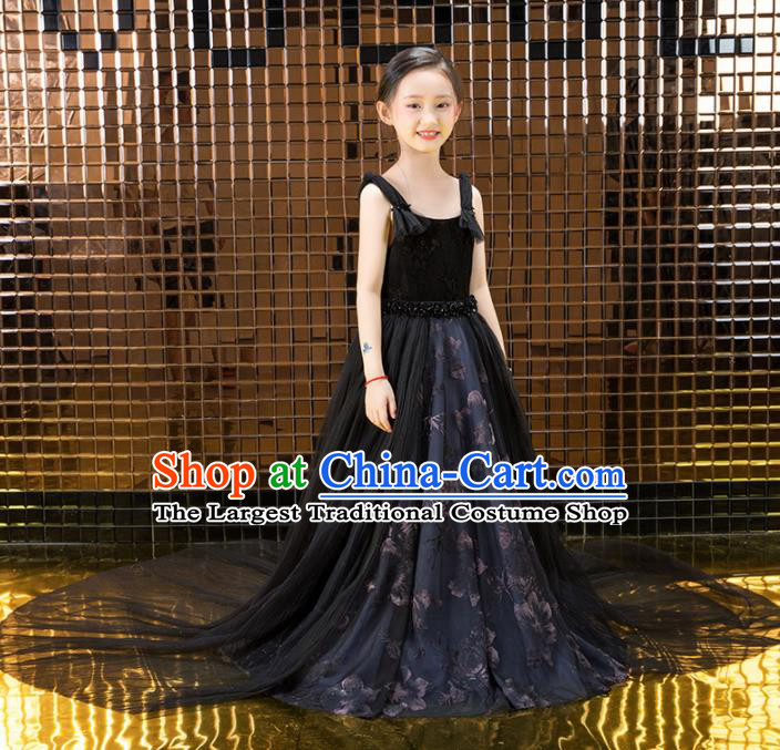 Children Catwalks Princess Costume Compere Stage Performance Black Veil Full Dress for Girls Kids