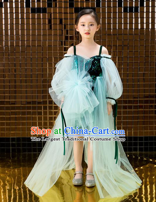Children Catwalks Princess Costume Stage Performance Compere Green Veil Full Dress for Girls Kids