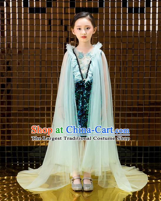 Children Catwalks Costume Stage Performance Compere Green Veil Trailing Full Dress for Girls Kids