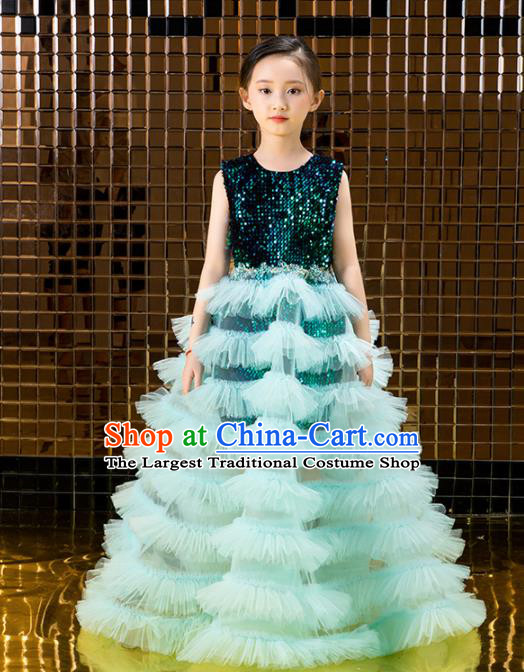 Children Catwalks Costume Stage Performance Compere Green Veil Bubble Full Dress for Girls Kids