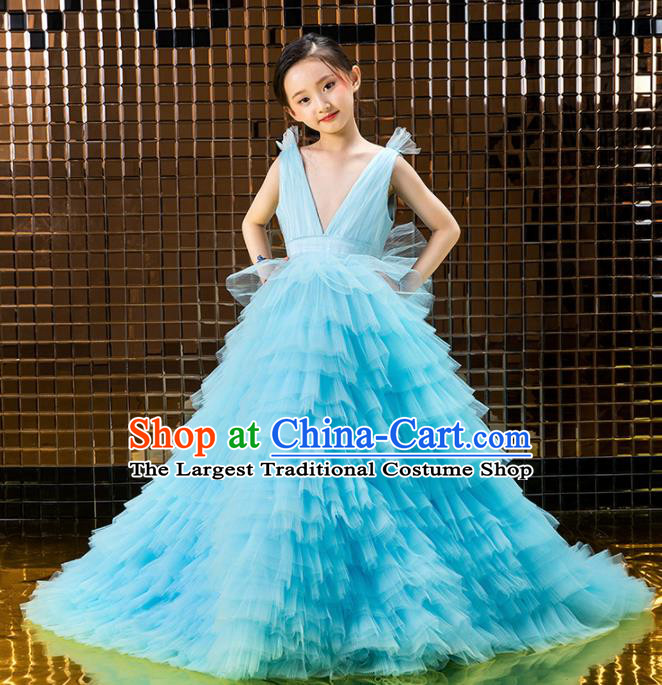 Children Catwalks Princess Costume Stage Performance Compere Modern Dance Blue Veil Full Dress for Girls Kids