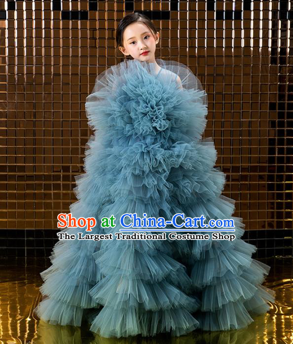 Children Catwalks Princess Costume Compere Modern Dance Blue Veil Full Dress for Girls Kids