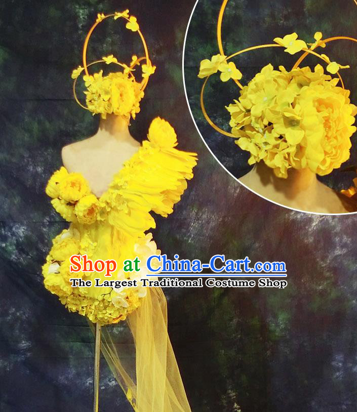 Brazilian Carnival Parade Halloween Clothing Catwalks Stage Show Yellow Flowers Costumes and Headwear for Women