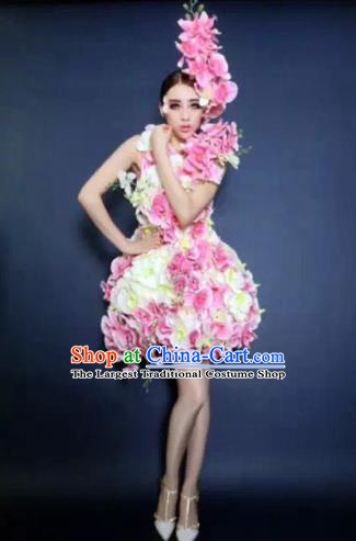 Brazilian Carnival Parade Halloween Costumes Catwalks Stage Show Pink Flowers Dress and Headwear for Women