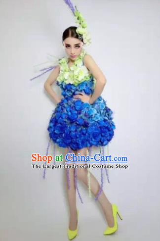 Brazilian Carnival Parade Halloween Costumes Catwalks Stage Show Royalblue Flowers Dress and Headwear for Women