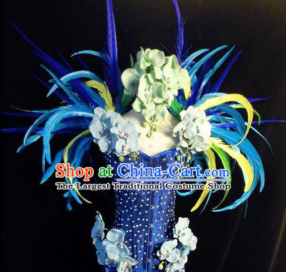 Brazilian Carnival Parade Costumes Halloween Catwalks Clothing and Blue Feather Wings for Women