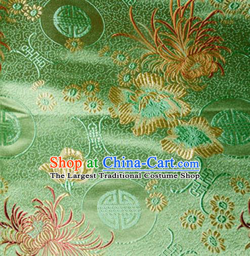 Asian Chinese Tang Suit Material Traditional Chrysanthemum Peony Pattern Design Green Satin Brocade Silk Fabric