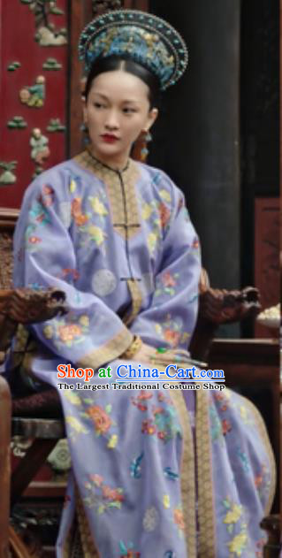 Chinese Ancient Qing Dynasty Mandarin Dress Manchu Imperial Consort Ruyi Embroidered Costumes and Headpiece Complete Set
