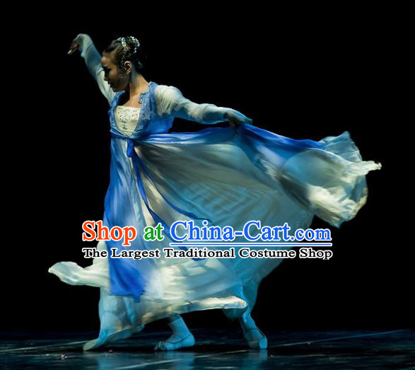 Chinese Traditional Classical Dance Costumes Stage Performance Folk Dance Blue Dress for Women