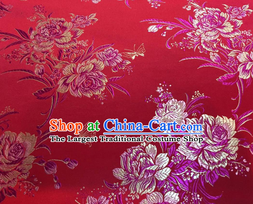 Asian Traditional Royal Peony Pattern Design Red Satin Material Chinese Tang Suit Brocade Silk Fabric