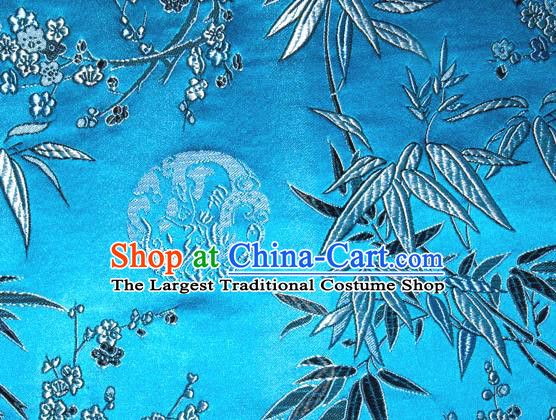Asian Traditional Royal Plum Blossom Bamboo Pattern Design Blue Satin Material Chinese Tang Suit Brocade Silk Fabric