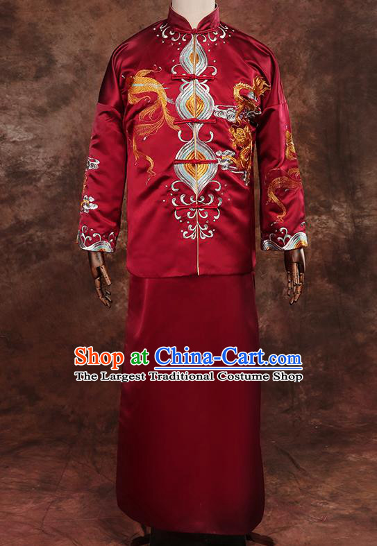 Chinese Traditional Wedding Costumes Tang Suit Bridegroom Embroidered Dragon Red Long Gown for Men