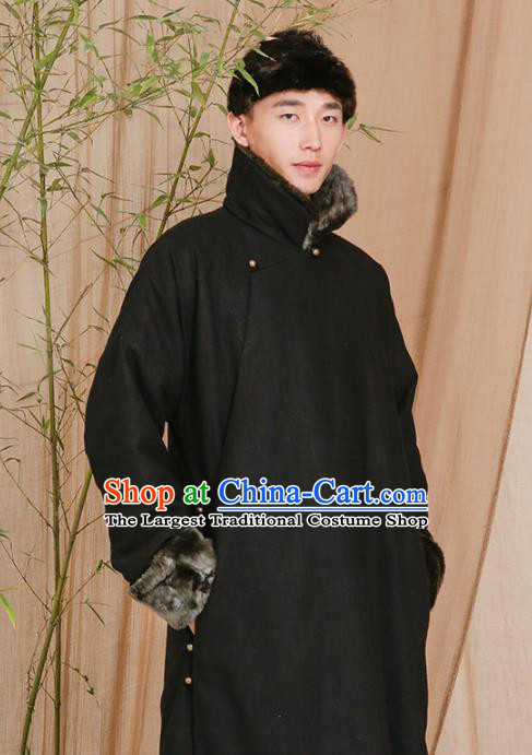 Chinese Traditional Tang Suit Costumes National Cotton Padded Long Gown Overcoat for Men