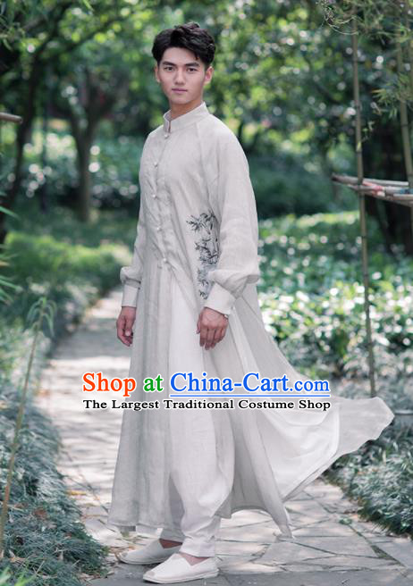 Chinese Traditional Tang Suit Costumes National White Long Gown Overcoat for Men