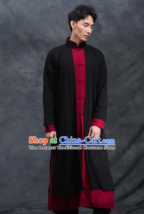 Chinese Traditional Tang Suit Costumes National Black Linen Plated Buttons Overcoat for Men