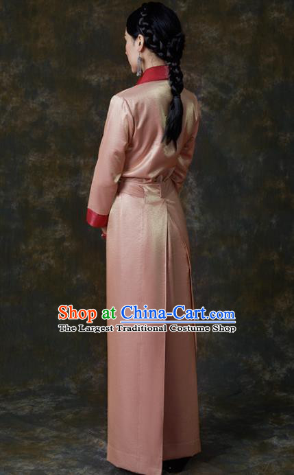 Traditional Chinese Zang Nationality Dance Costumes Pink Tibetan Robe Ethnic Folk Dance Dress for Women