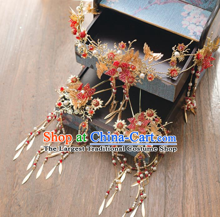 Chinese Ancient Wedding Hair Accessories Bride Red Pomegranate Phoenix Coronet Hairpins Headwear for Women