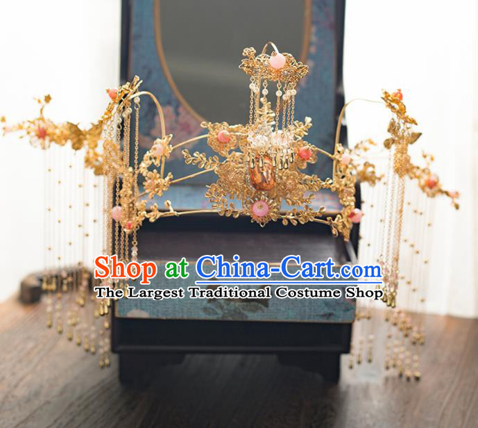 Chinese Ancient Wedding Hair Accessories Bride Tassel Phoenix Coronet Hairpins Headwear for Women