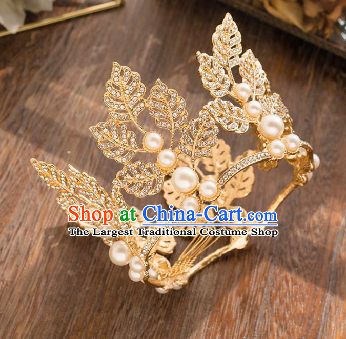 Top Grade Handmade Wedding Hair Accessories Bride Golden Leaf Royal Crown Headwear for Women