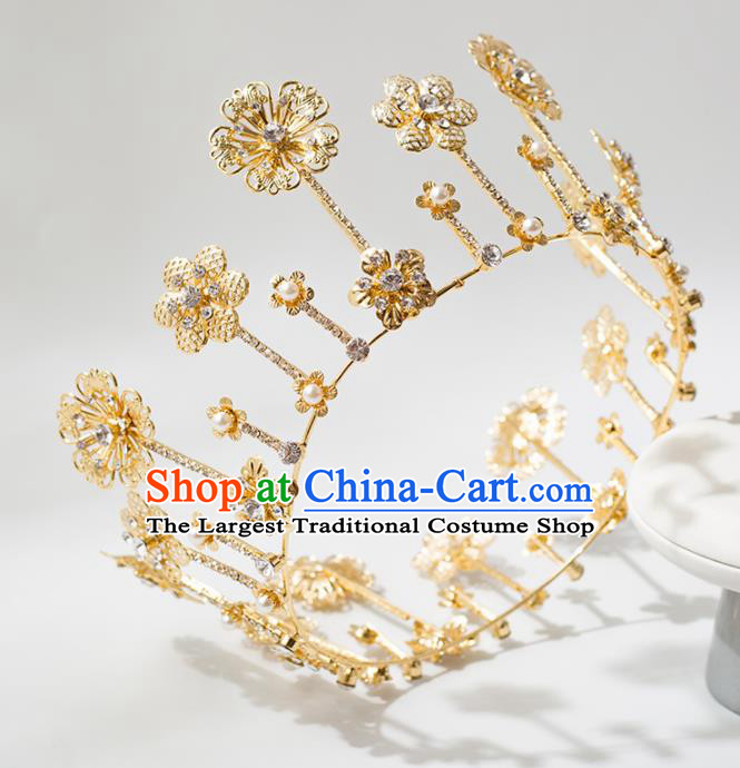 Top Grade Handmade Wedding Hair Accessories Bride Golden Round Royal Crown Headwear for Women
