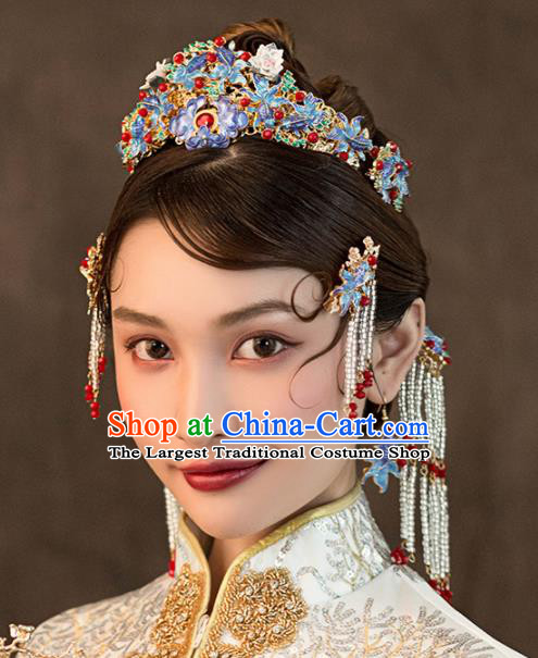 Chinese Ancient Bride Blueing Hair Crown Wedding Hair Accessories Hairpins Headwear for Women