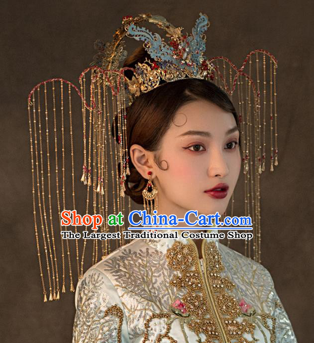 Chinese Ancient Queen Wedding Hair Accessories Luxury Cloisonne Phoenix Coronet Bride Hairpins Headwear for Women