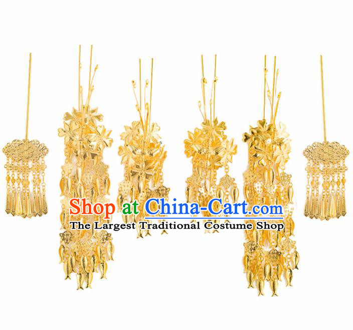 Chinese Ancient Bride Golden Tassel Hair Clips Wedding Hair Accessories Hairpins Headwear for Women