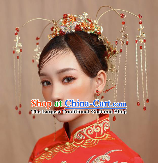 Chinese Ancient Bride Cloisonne Phoenix Coronet Wedding Hair Accessories Hairpins Headwear for Women