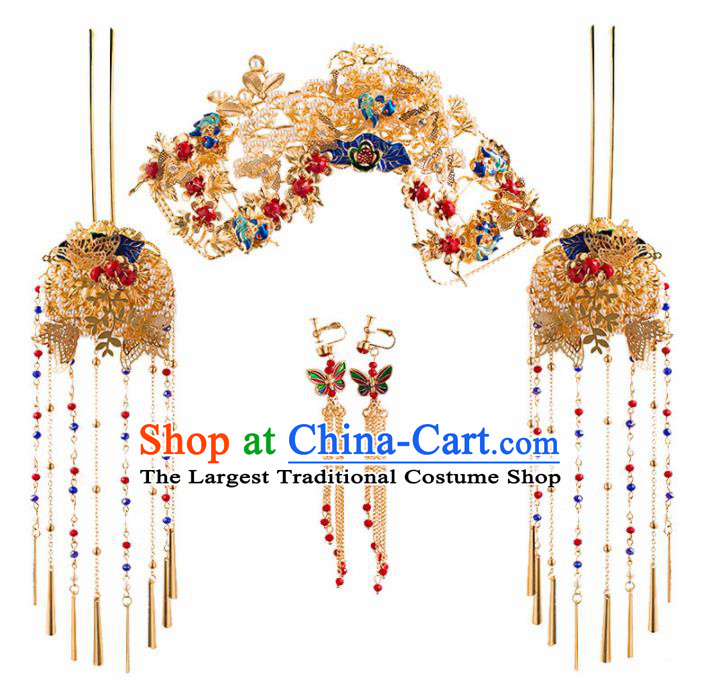 Chinese Ancient Bride Golden Phoenix Coronet Wedding Hair Accessories Palace Hairpins Headwear for Women