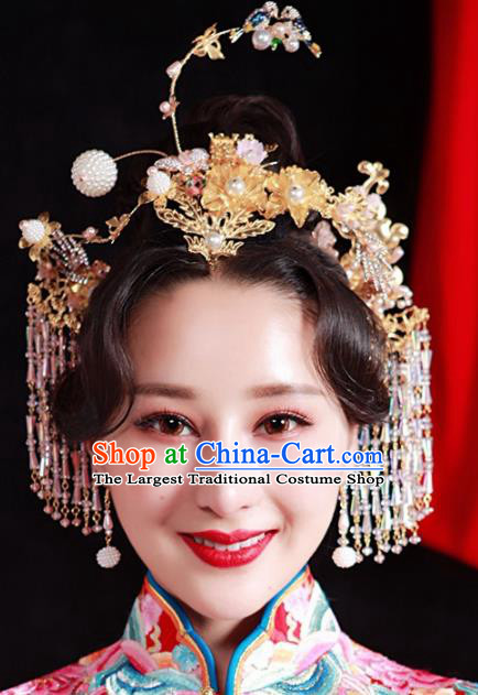 Chinese Ancient Bride Golden Hair Crown Wedding Hair Accessories Palace Hairpins Headwear for Women