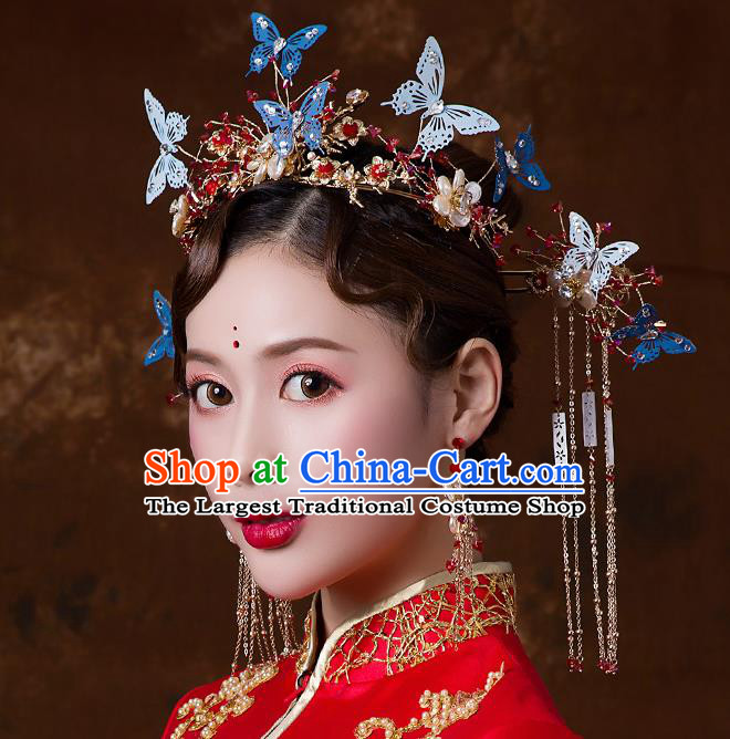 Chinese Ancient Wedding Blue Butterfly Hair Accessories Bride Phoenix Coronet Tassel Hairpins Headwear for Women