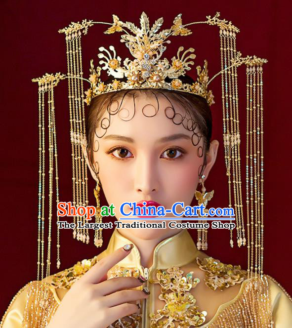 Chinese Ancient Wedding Hair Accessories Bride Golden Tassel Phoenix Coronet Hairpins Headwear for Women