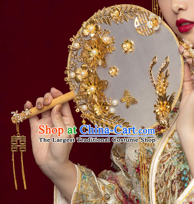 Chinese Ancient Wedding Accessories Bride Palace Fans Handmade Golden Flowers Round Fan for Women