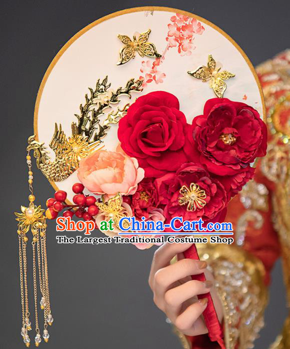 Chinese Ancient Wedding Accessories Bride Palace Fans Red Peony Round Fan for Women