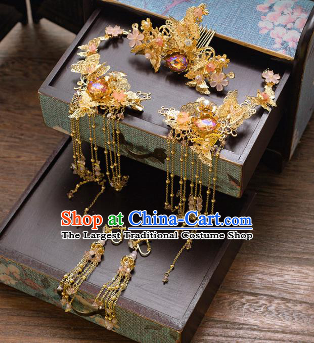 Chinese Ancient Palace Bride Hair Accessories Hanfu Golden Hair Comb Hairpins Headwear for Women