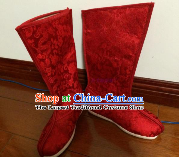 Chinese Traditional Shoes Beijing Opera Shoes Ancient Wedding Red Satin Boots for Men
