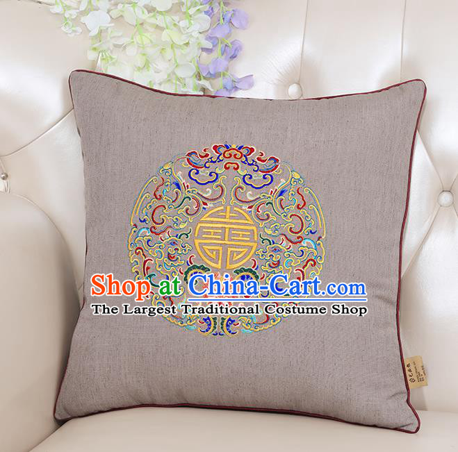 Chinese Classical Household Ornament Traditional Handmade Embroidered Khaki Linen Cushion