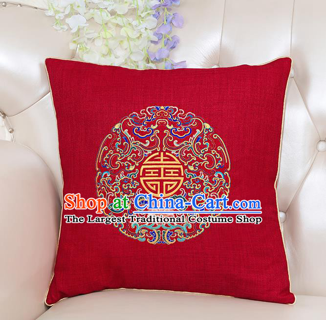 Chinese Classical Household Ornament Traditional Handmade Embroidered Red Linen Cushion