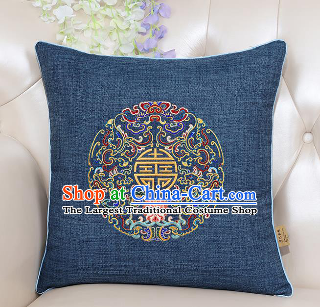 Chinese Classical Household Ornament Traditional Handmade Embroidered Navy Linen Cushion